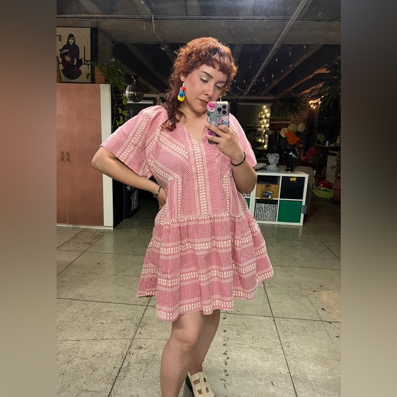 🟠 94B. Embroidered Stripe Detail Gingham Mini Dress - Red - Picture 2 of 13